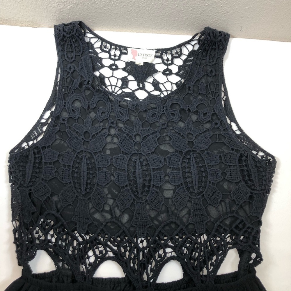 L’ATISTE BY AMY Black Crochet Sheer Side zíper Elastic Waist Maxi Dress Size M - Picture 13 of 16